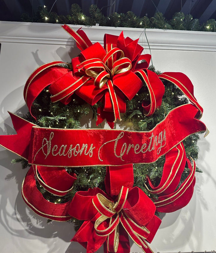 Red Farrisilk velvet Merry Christmas banner 4” - Greenery Marketwired ribbonRG829 - 02