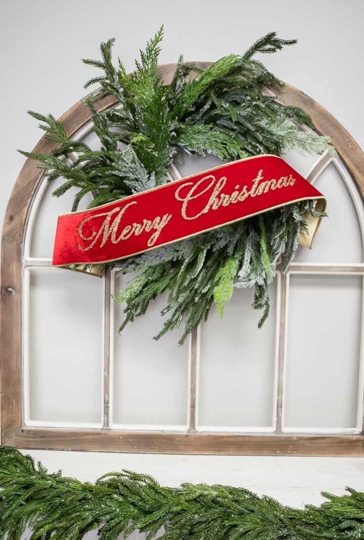 Red Farrisilk velvet Merry Christmas banner 4” - Greenery Marketwired ribbonRG829 - 02