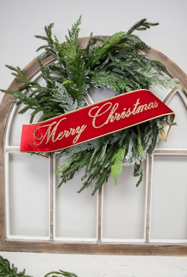 Red Farrisilk velvet Merry Christmas banner 4” - Greenery Marketwired ribbonRG829 - 02
