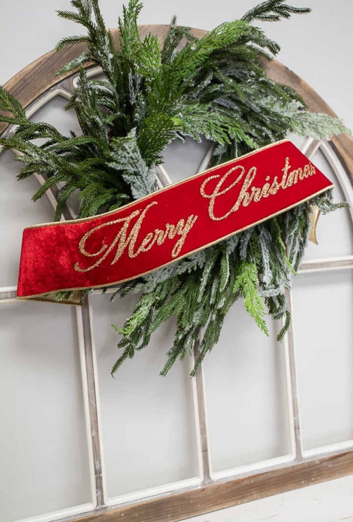 Red Farrisilk velvet Merry Christmas banner - 6” - Greenery Marketwired ribbonRG830 - 02