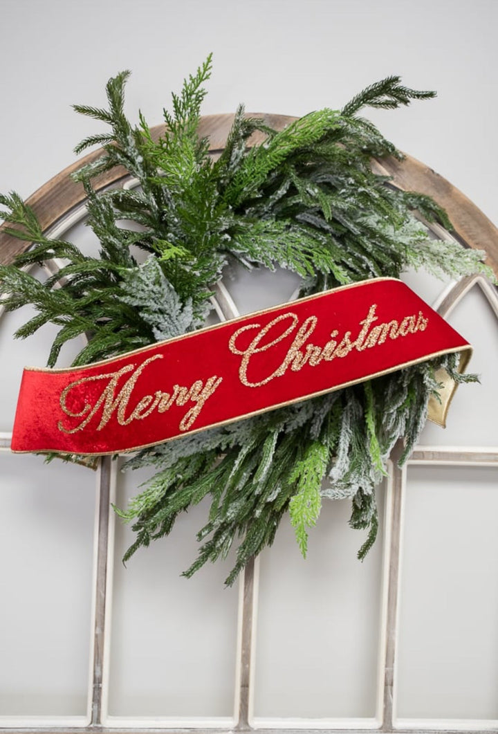 Red Farrisilk velvet Merry Christmas banner - 6” - Greenery Marketwired ribbonRG830 - 02