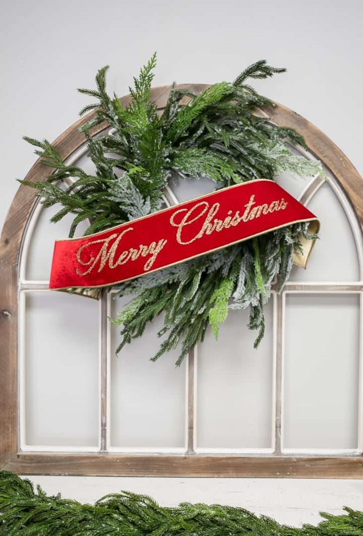 Red Farrisilk velvet Merry Christmas banner - 6” - Greenery Marketwired ribbonRG830 - 02