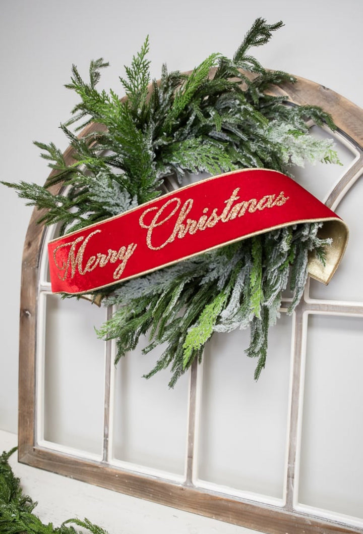 Red Farrisilk velvet Merry Christmas banner - 6” - Greenery Marketwired ribbonRG830 - 02