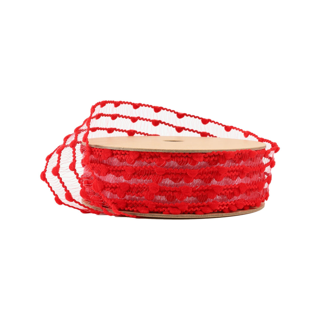 Red Four Row Pom Pom Wired Ribbon - 1.5" - Greenery Market6209W - 250 - 38E