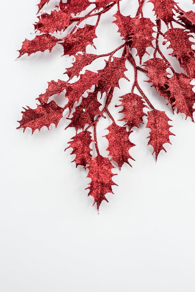 Red Glitter Holly Leaves Spray - Greenery Market86485RD