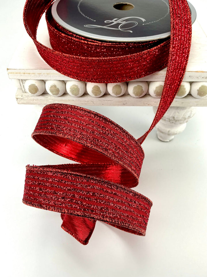 Red glitter stripe 1” farrisilk wired ribbon - Greenery MarketRibbons & TrimRS161 - 02