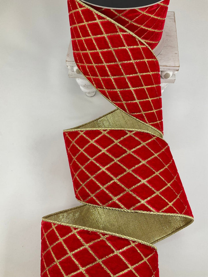 Red & Gold Metallic Diamond Farrisilk Wired Ribbon - 4" - Greenery MarketRG454 - 02