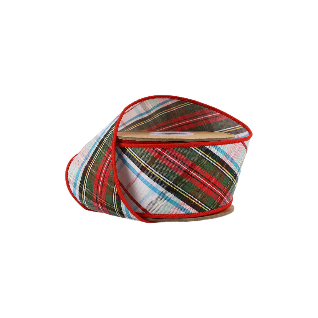 Red, Green, Black, White, & Turquoise Plaid Bias Wired Ribbon - 2.5" - Greenery Market5608W - 035 - 63E