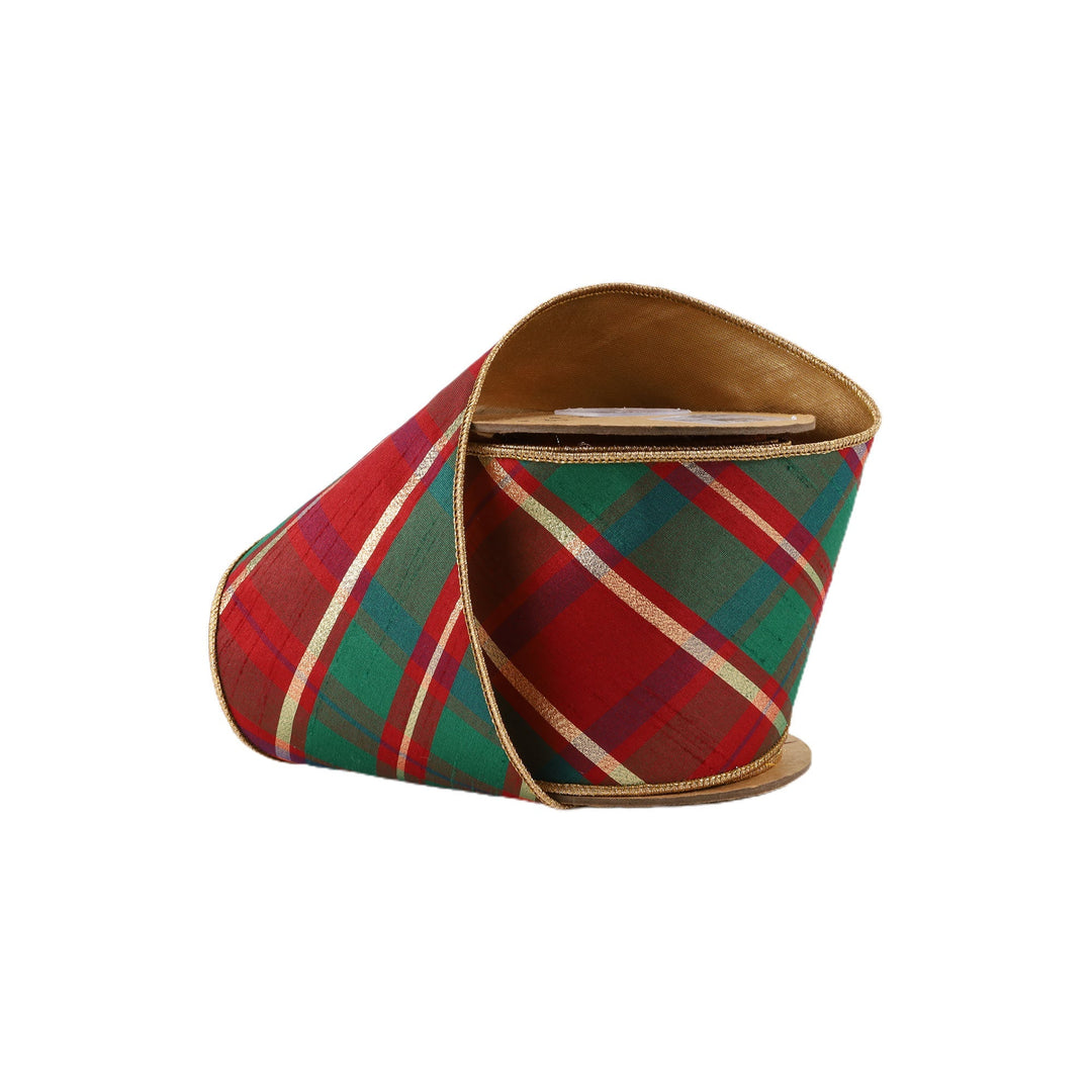 Red, Green, & Gold Bias Wired Dupioni Ribbon - 4" - Greenery Market5605W - 036 - 100E