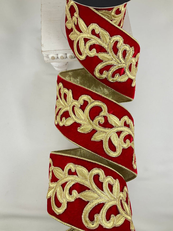 Red Royal Embroidery Farrisilk Wired Ribbon - 4" - Greenery MarketRG753 - 84