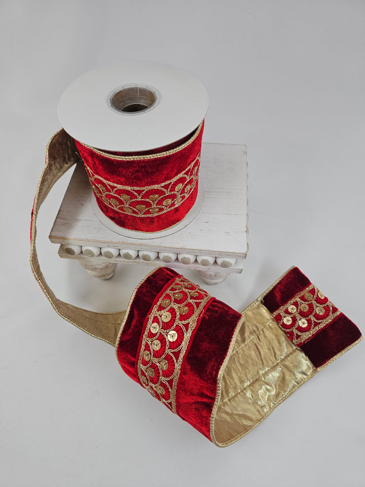 Red Trim On Velvet Metallic Ribbon - 4" - Greenery MarketXR585/4R