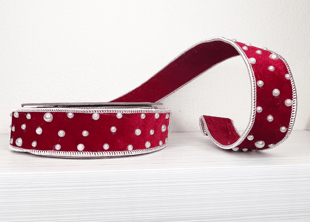 Red Velvet & Pearl Wired Ribbon - 1.5" - Greenery Market25 - B375 - R