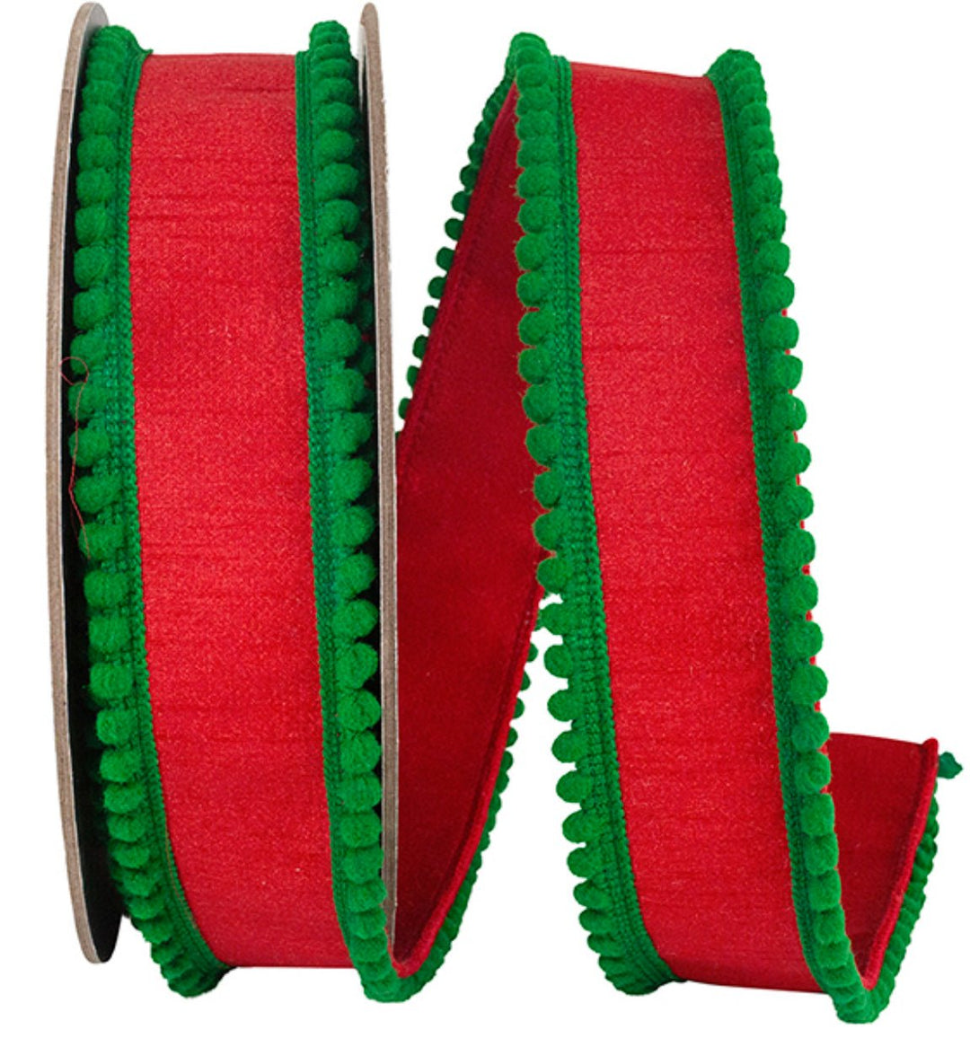 Red with green pompom edge wired ribbon, 1.5” - Greenery MarketRibbons & Trim94596W - 985 - 09D