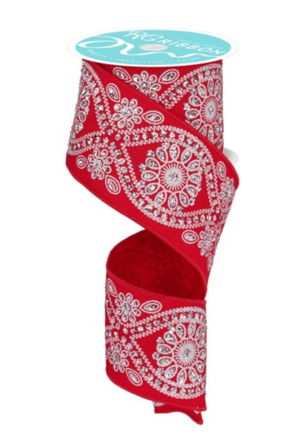 Red with silver floral wired ribbon 2.5” - Greenery MarketRGE1962J1