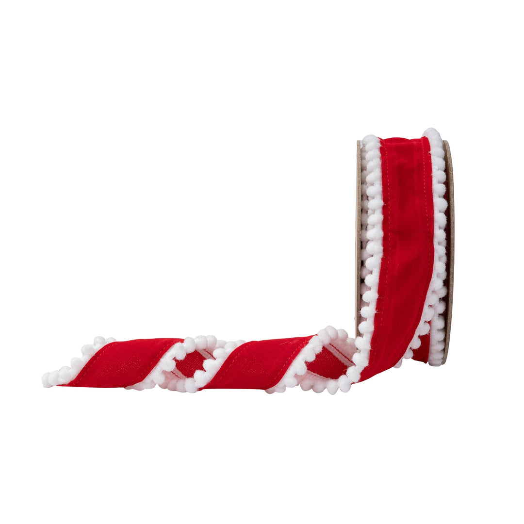 Red With White Pom - Pom Edge Wired Ribbon - 1.5" - Greenery Market9658W - 250 - 38E