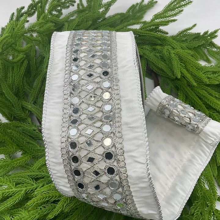 Silver and white mirror trim wired ribbon 4” - Greenery MarketRibbons & TrimMTX69464