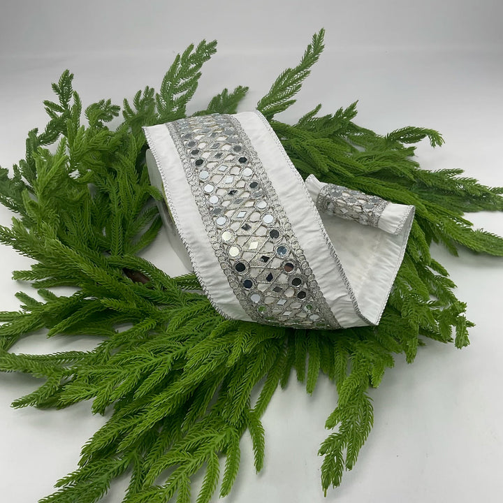 Silver and white mirror trim wired ribbon 4” - Greenery MarketRibbons & TrimMTX69464