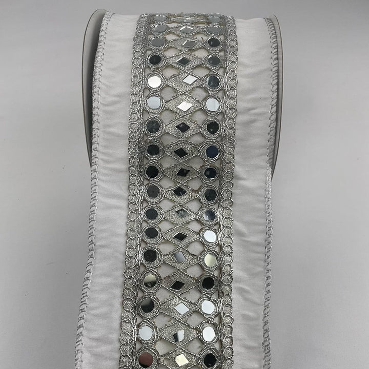 Silver and white mirror trim wired ribbon 4” - Greenery MarketRibbons & TrimMTX69464