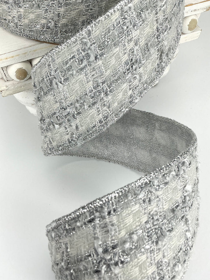 Silver and white tweed wired ribbon 2.5” - Greenery MarketRibbons & Trim239541