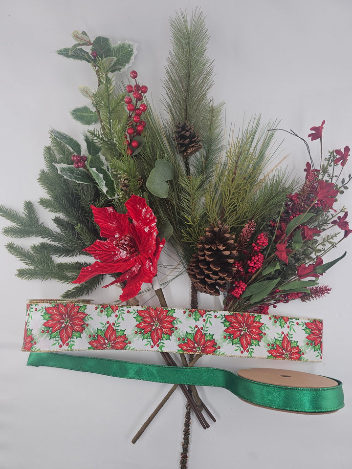 Southern Charm Wreaths Lantern Poinsettia And Pine Topper Kit - Greenery MarketPoinsettiaRibbonkit