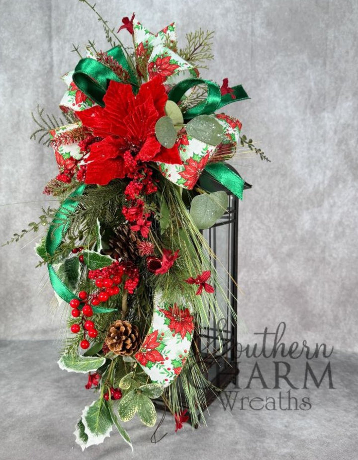 Southern Charm Wreaths Lantern Poinsettia And Pine Topper Kit - Greenery MarketPoinsettiaRibbonkit