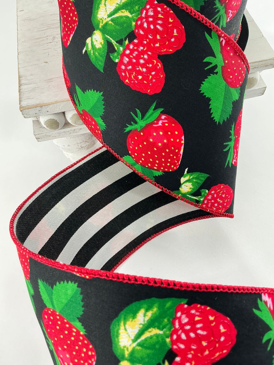 Strawberry and raspberry 4” wired ribbon with black stripe backing - Greenery MarketRibbons & TrimMT25274