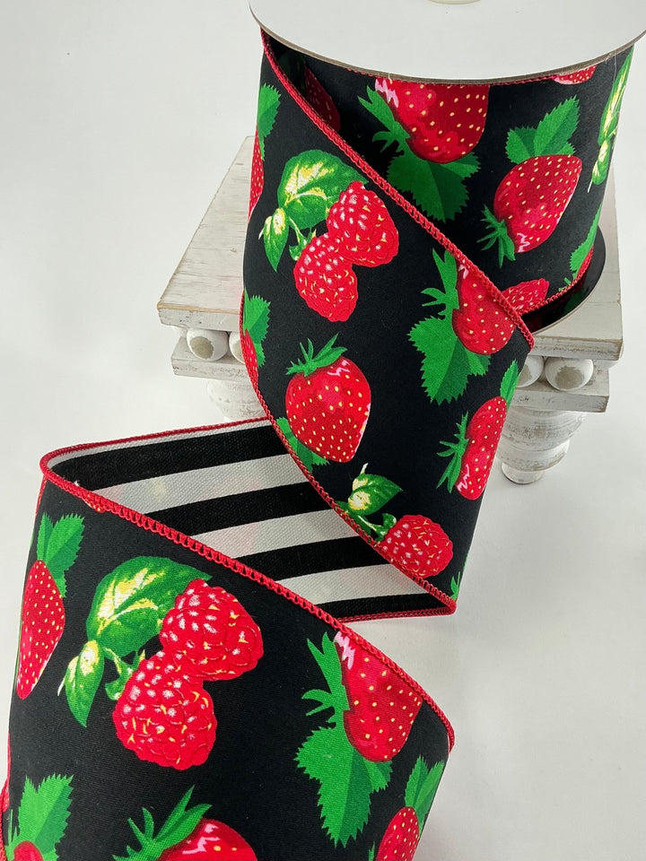 Strawberry and raspberry 4” wired ribbon with black stripe backing - Greenery MarketRibbons & TrimMT25274