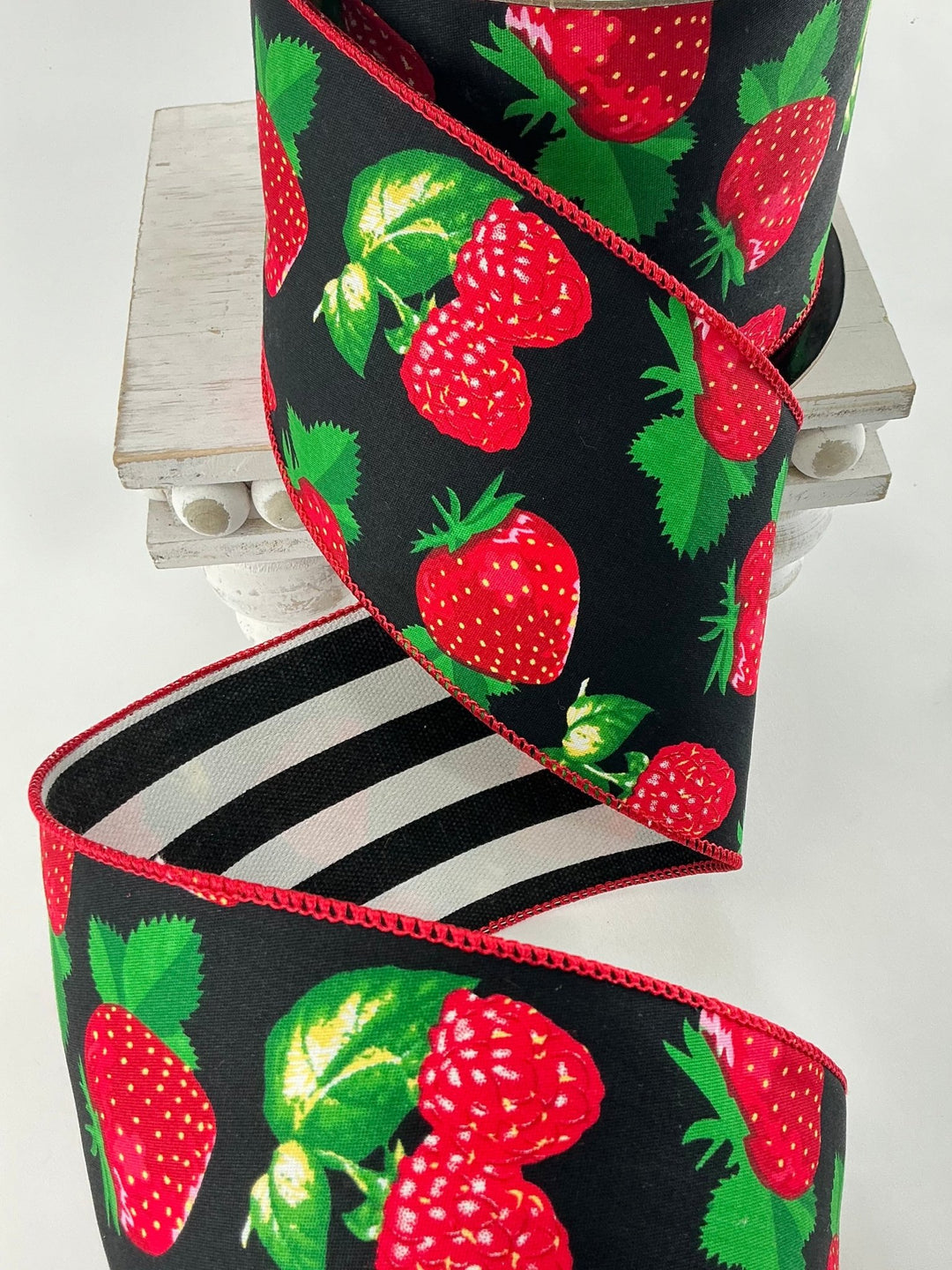 Strawberry and raspberry 4” wired ribbon with black stripe backing - Greenery MarketRibbons & TrimMT25274