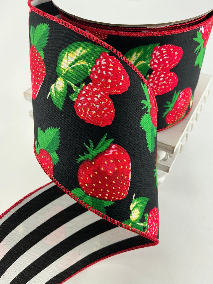 Strawberry and raspberry 4” wired ribbon with black stripe backing - Greenery MarketRibbons & TrimMT25274