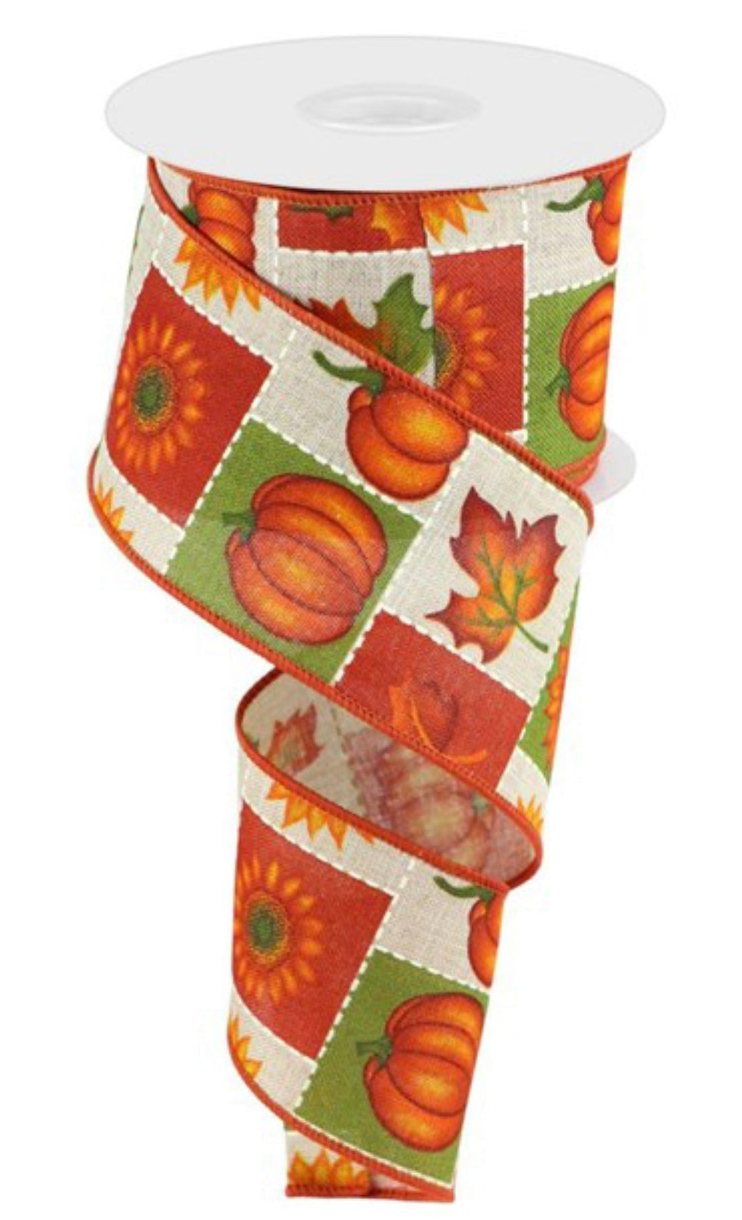 Sunflower and pumpkin block pattern ribbon on cream 2.5” - Greenery MarketWired ribbon68104 - 40 - 08