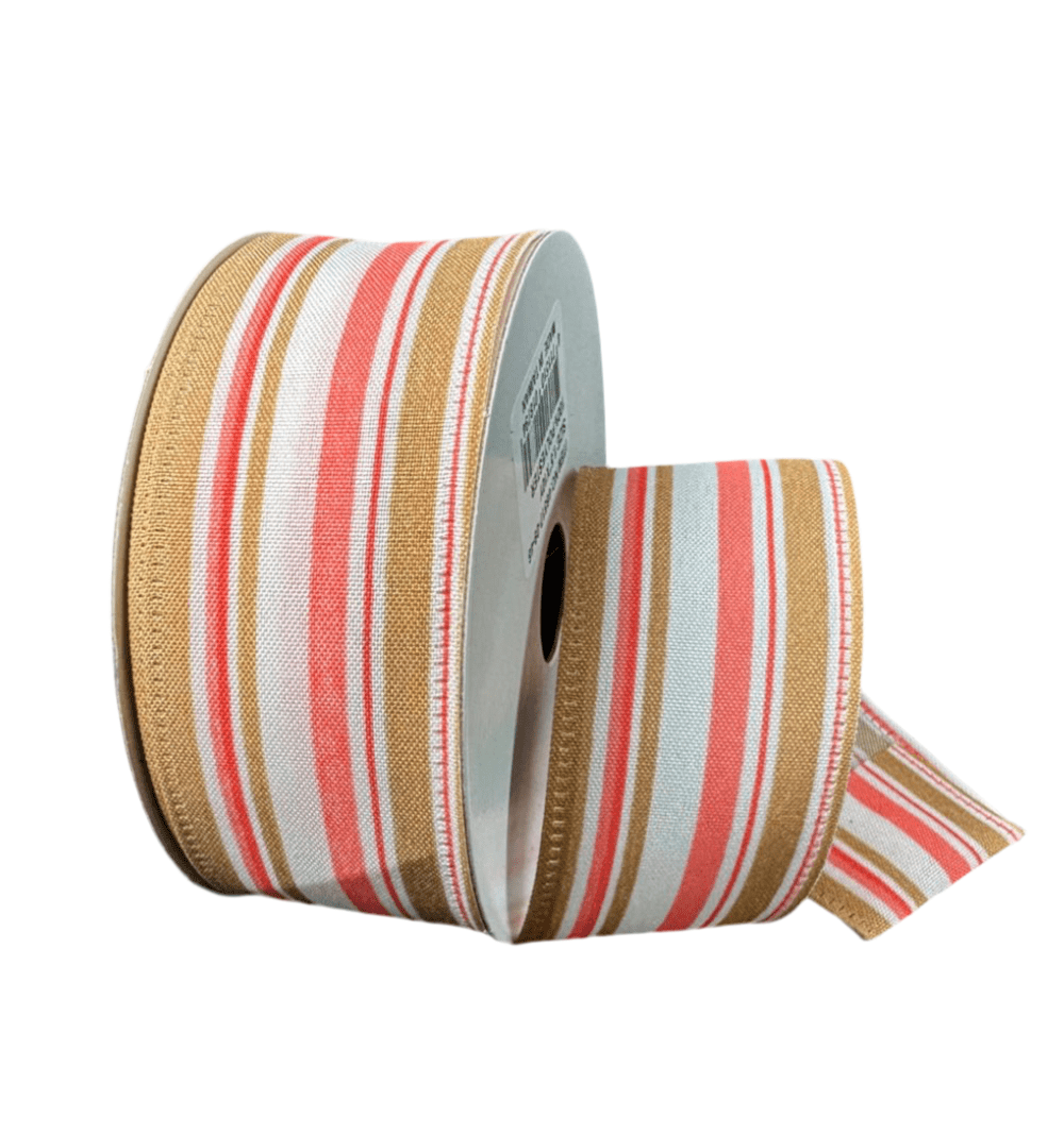 Tan and melon stripe wired ribbon 1.5” - Greenery Marketwired ribbon46517 - 09 - 46
