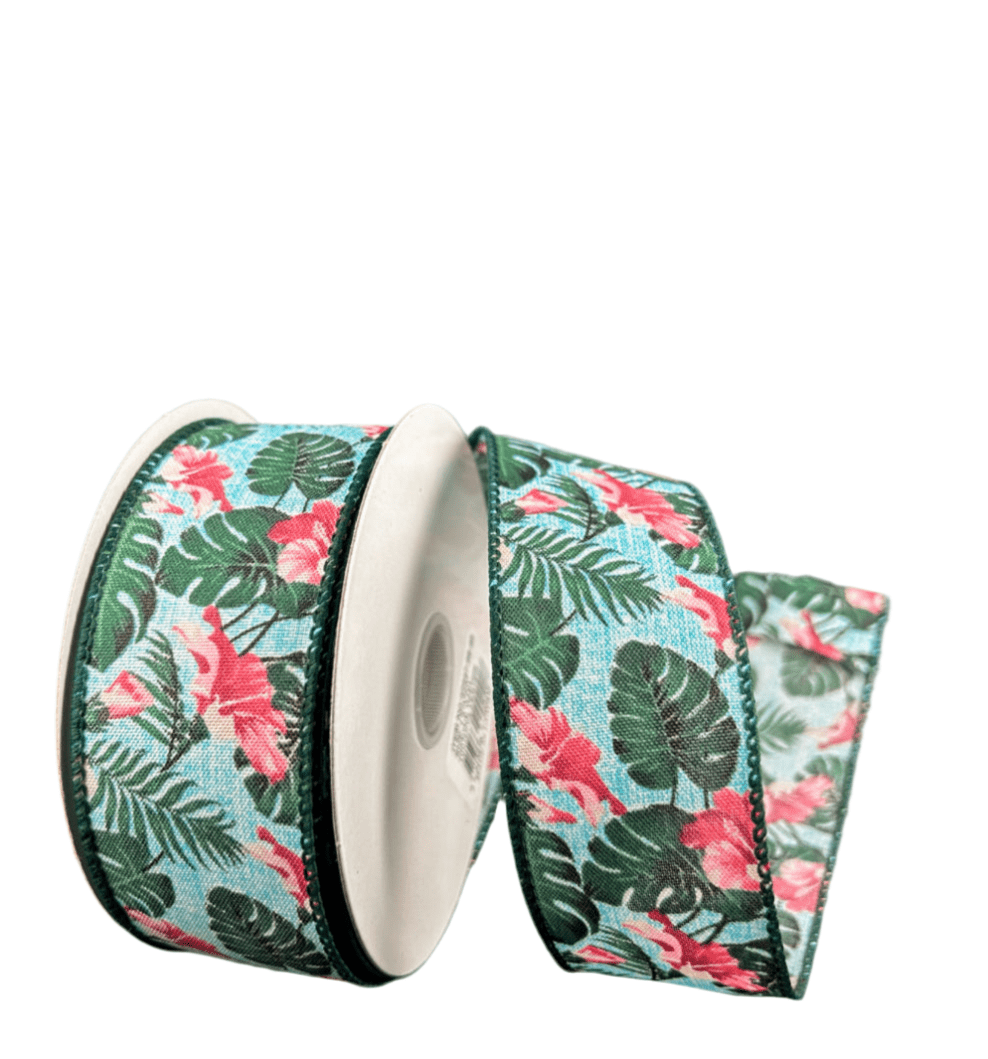 Tropical Monstera And Hibiscus Wired Ribbon, 1.5” - Greenery Marketwired ribbon42447 - 09 - 45