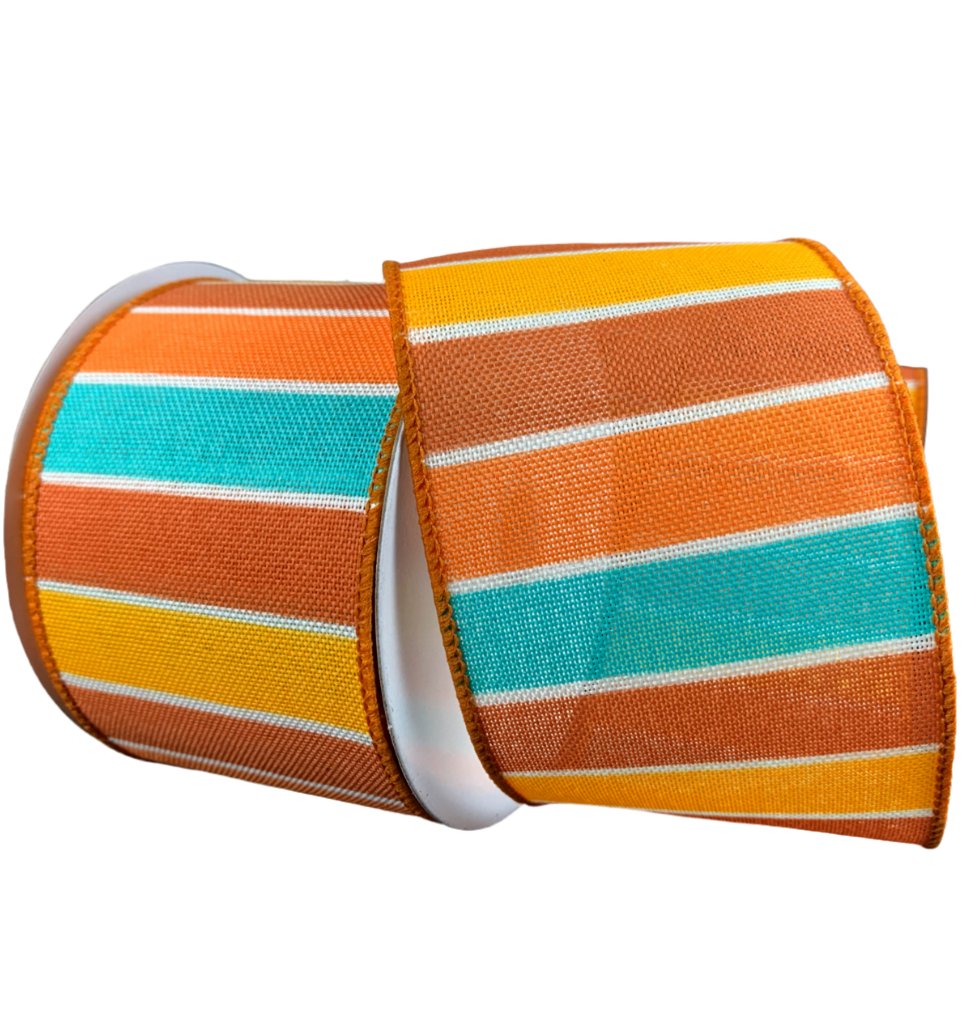 Turquoise and rust striped wired ribbon, 2.5" - Greenery MarketWired ribbon61317 - 40 - 45