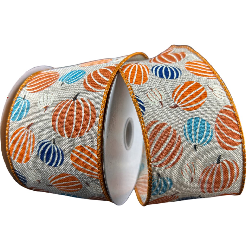 Turquoise, navy blue, and orange pumpkins wired ribbon, 2.5" - Greenery MarketWired ribbon61403 - 40 - 27