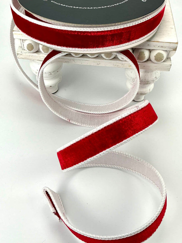 Two tone red and white plush velvet luster 1” farrisilk wired ribbon - Greenery MarketRibbons & TrimRk130 - 02