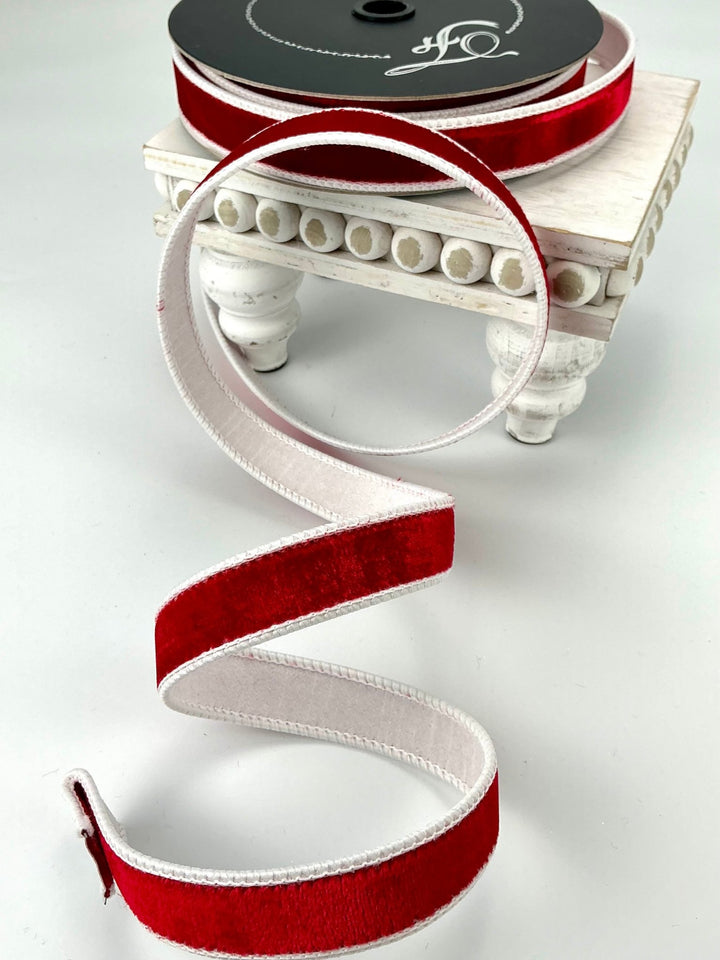 Two tone red and white plush velvet luster 1” farrisilk wired ribbon - Greenery MarketRibbons & TrimRk130 - 02