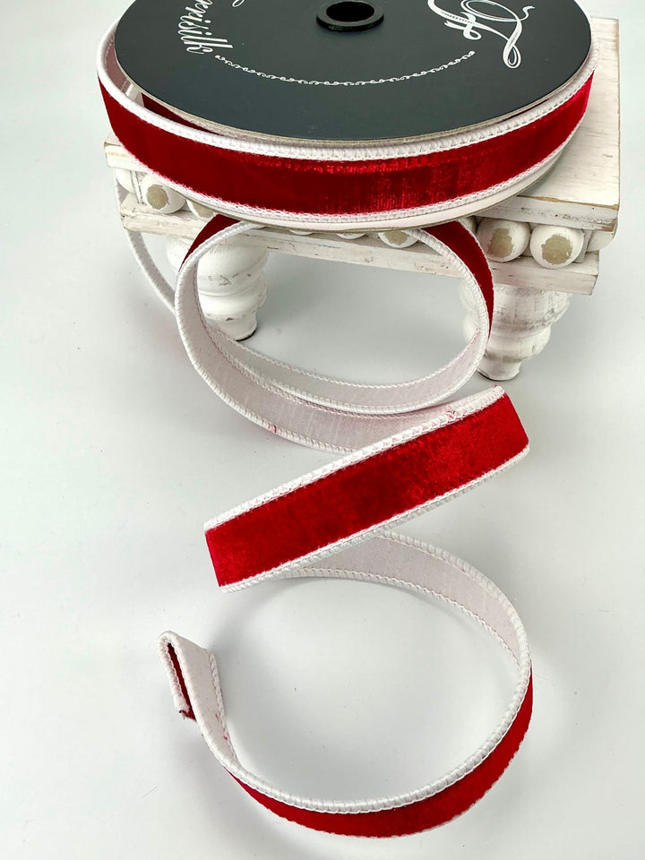 Two tone red and white plush velvet luster 1” farrisilk wired ribbon - Greenery MarketRibbons & TrimRk130 - 02
