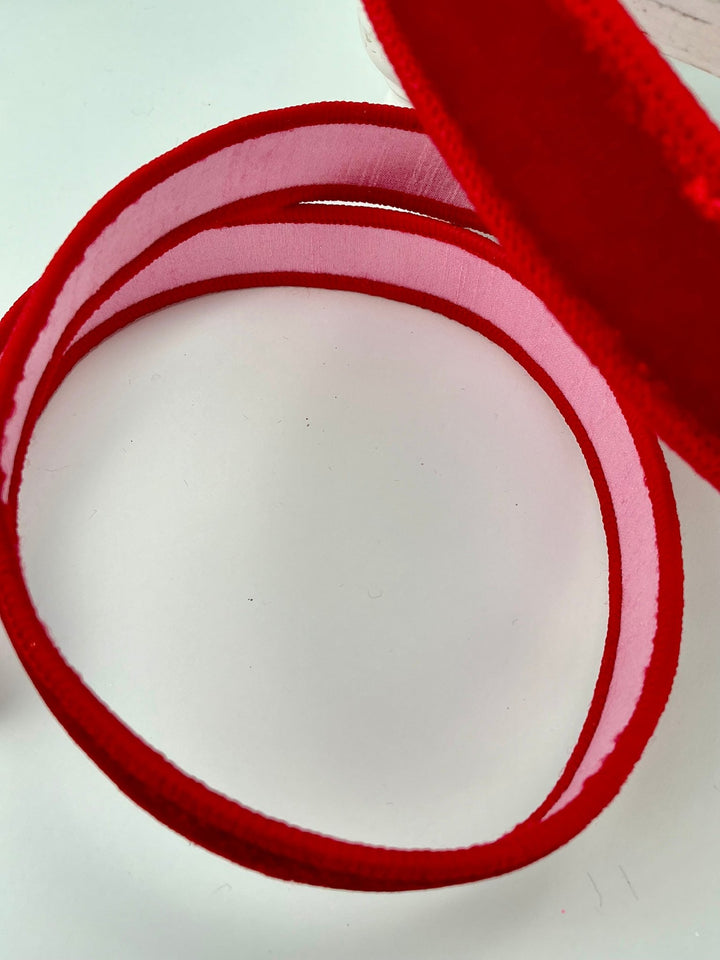 Two tone, sherbet red and pink plush velvet luster 1” farrisilk wired ribbon - Greenery MarketRibbons & TrimRK740 - 02