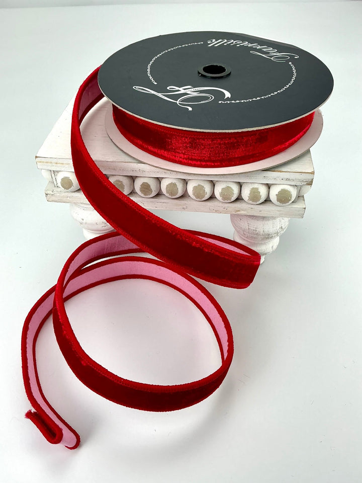 Two tone, sherbet red and pink plush velvet luster 1” farrisilk wired ribbon - Greenery MarketRibbons & TrimRK740 - 02