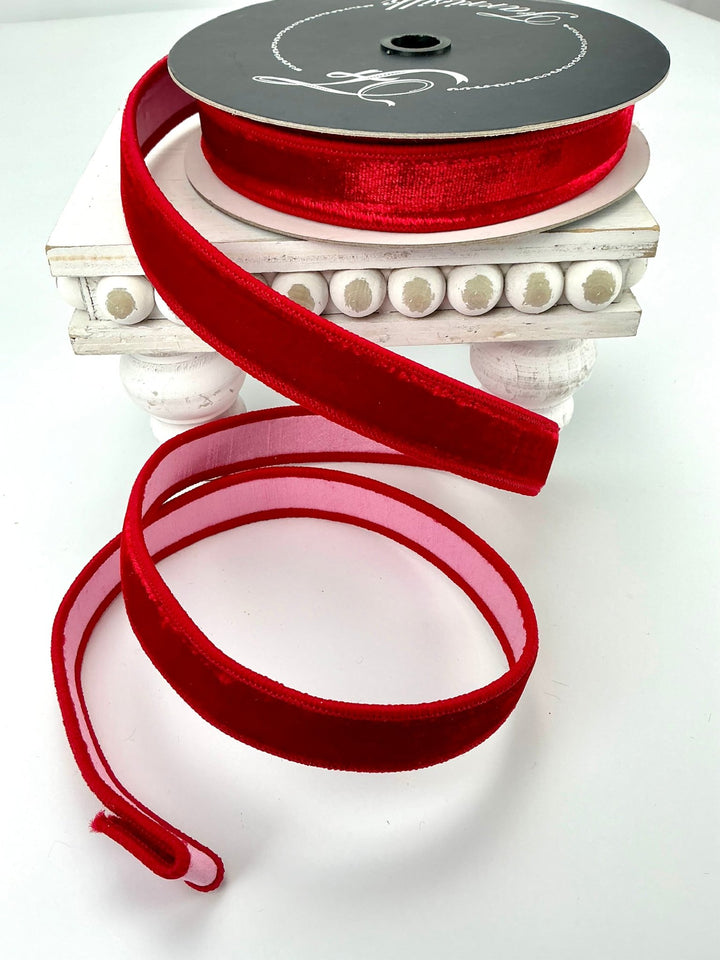 Two tone, sherbet red and pink plush velvet luster 1” farrisilk wired ribbon - Greenery MarketRibbons & TrimRK740 - 02