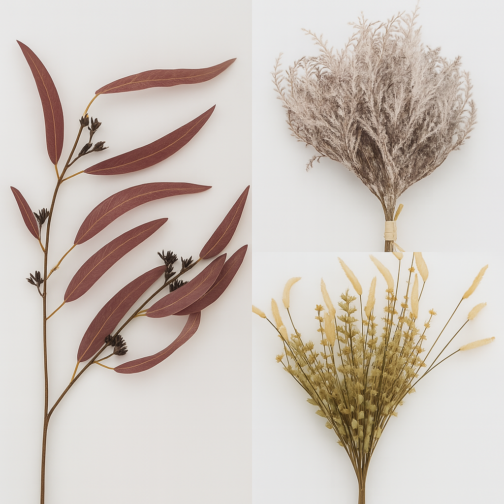 Three different types of dried plants on a white background