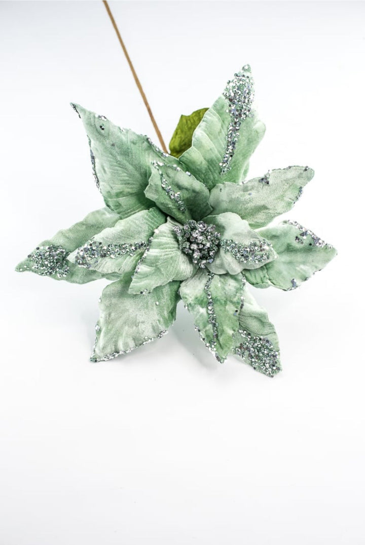 Velvet and sequins poinsettia stem mint - Greenery MarketWinter and ChristmasXF628 - AQ