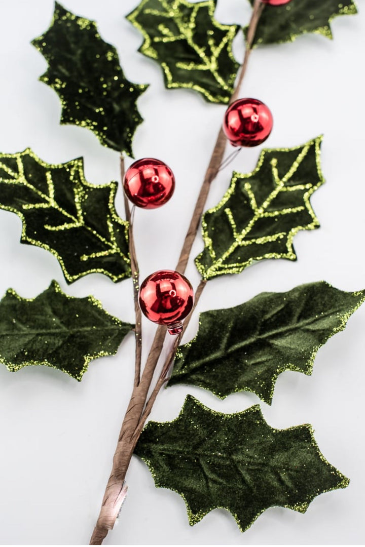 Velvet holly with red berries spray - Greenery MarketgreeneryMTX73407