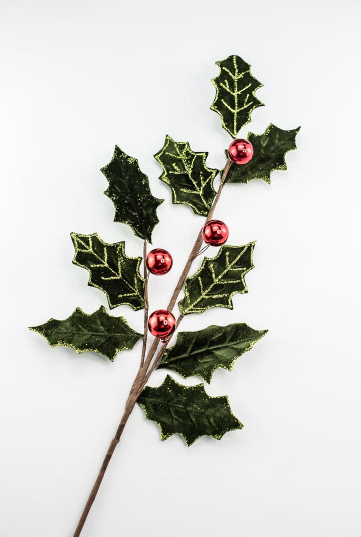 Velvet holly with red berries spray - Greenery MarketgreeneryMTX73407