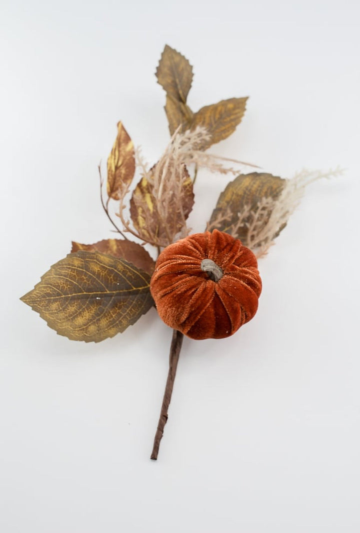 Velvet pumpkin and leaves pick - Greenery MarketArtificial Flora84453 - DK.BRN