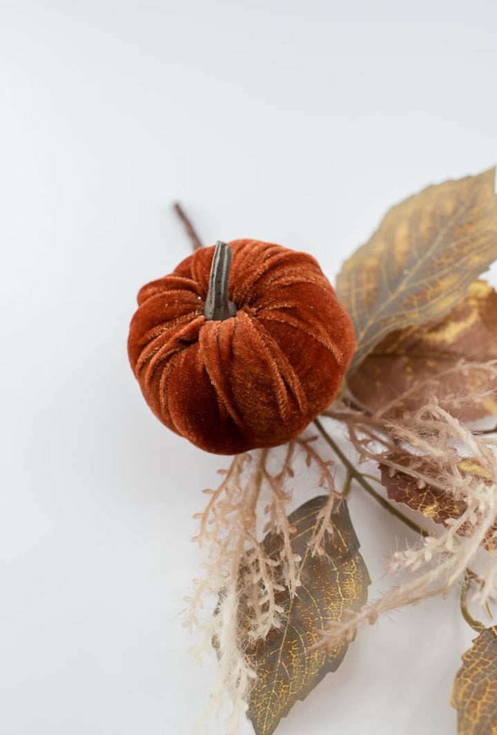 Velvet pumpkin and leaves pick - Greenery MarketArtificial Flora84453 - DK.BRN