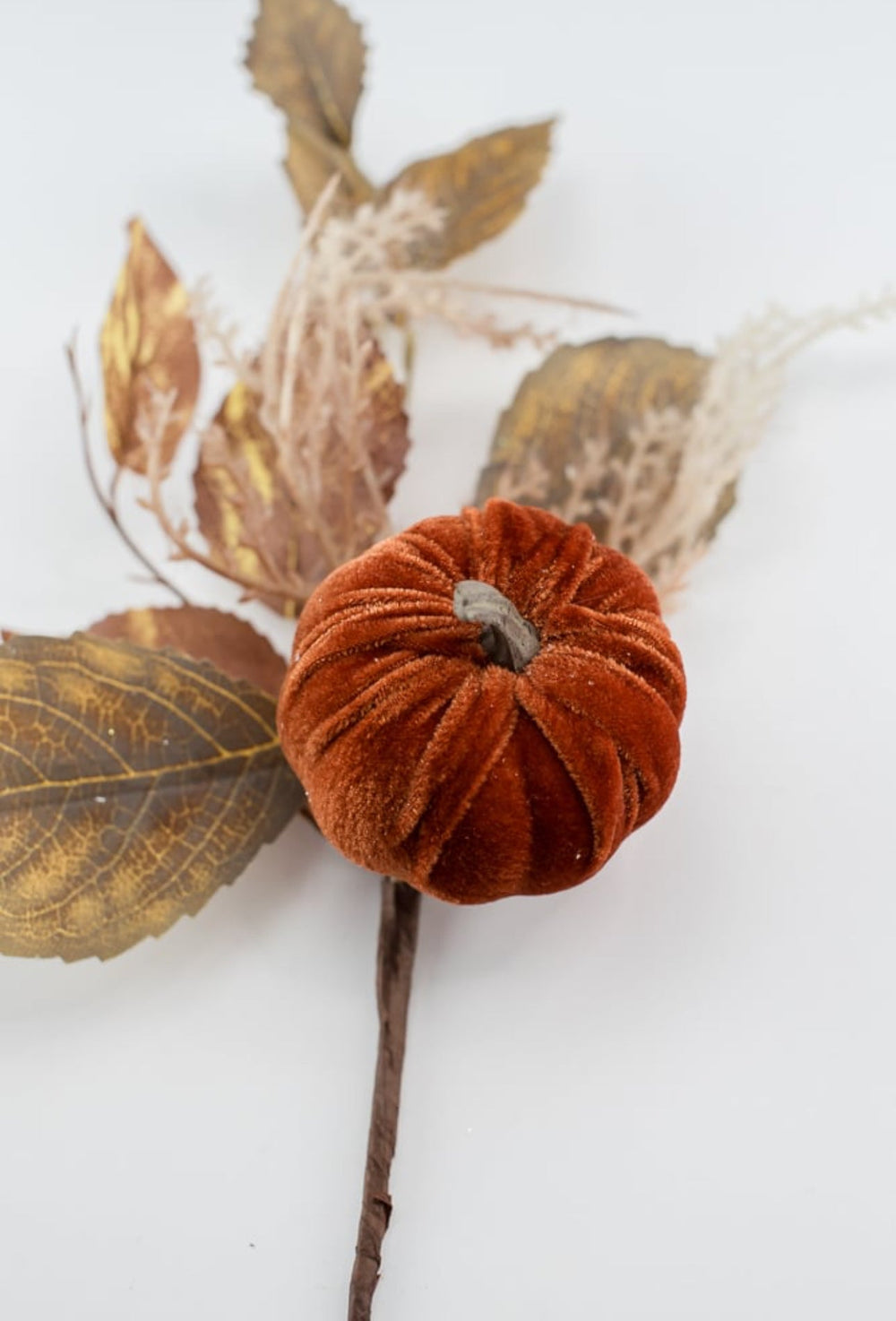 Velvet pumpkin and leaves pick - Greenery MarketArtificial Flora84453 - DK.BRN