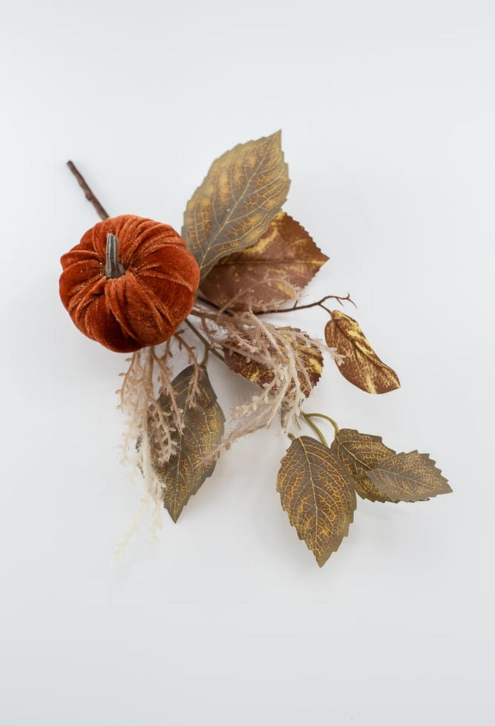 Velvet pumpkin and leaves pick - Greenery MarketArtificial Flora84453 - DK.BRN
