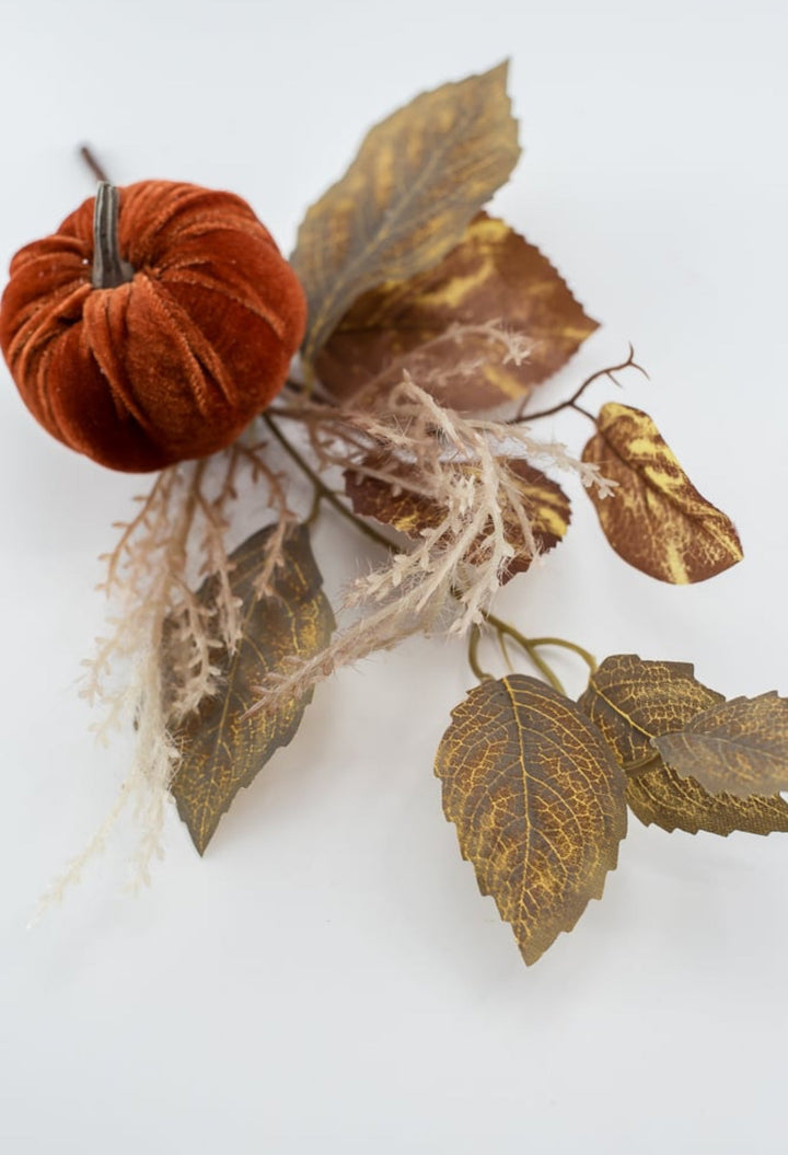 Velvet pumpkin and leaves pick - Greenery MarketArtificial Flora84453 - DK.BRN