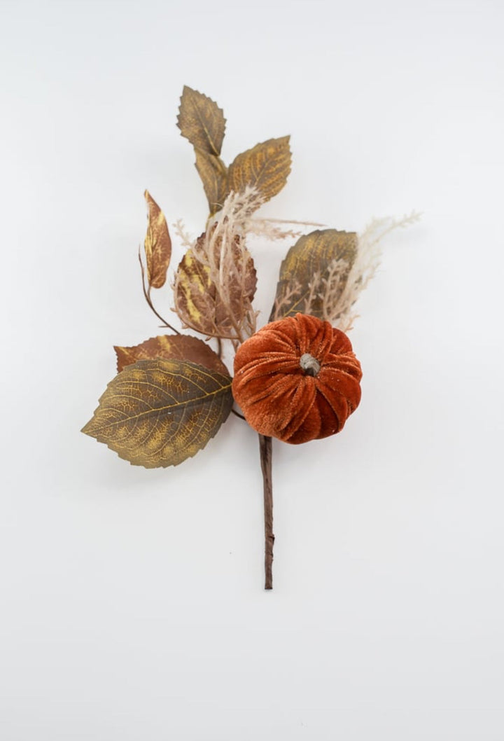 Velvet pumpkin and leaves pick - Greenery MarketArtificial Flora84453 - DK.BRN